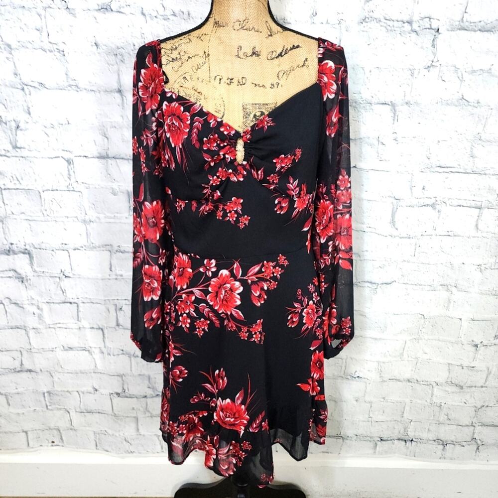 In mini dress Sz XL long sleeve floral black A6